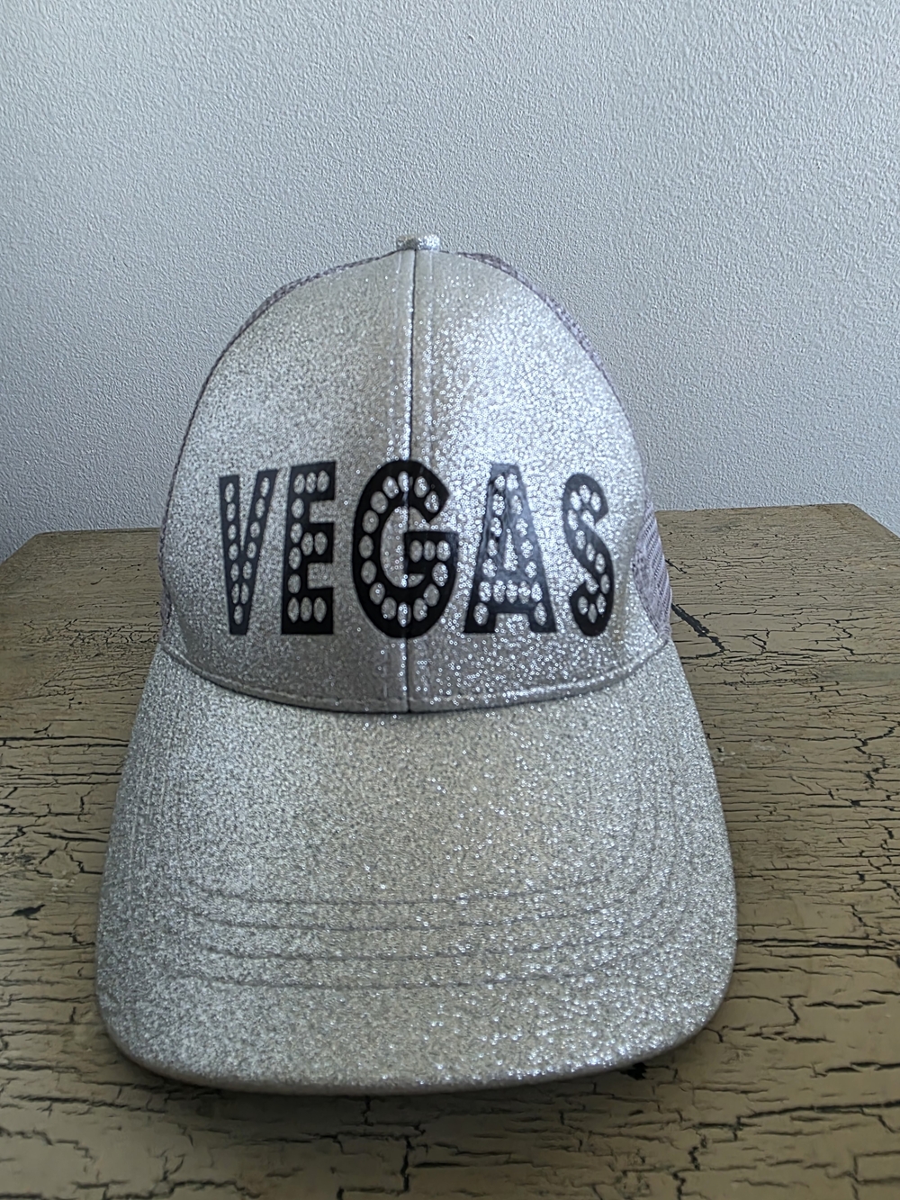 :
Women’s Silver Glitter VEGAS Trucker Hat Sparkle Mesh Back Adjustable Cap